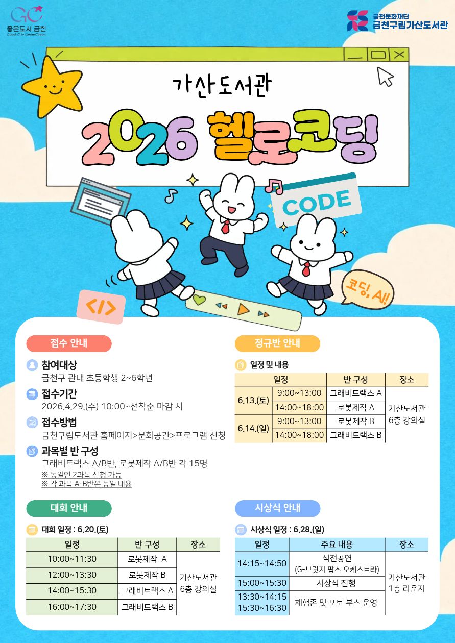 금천구립가산도서관, 초등학생 대상 AI·코딩 교육 ‘헬로코딩’ 운영…미래 인재 양성 나선다